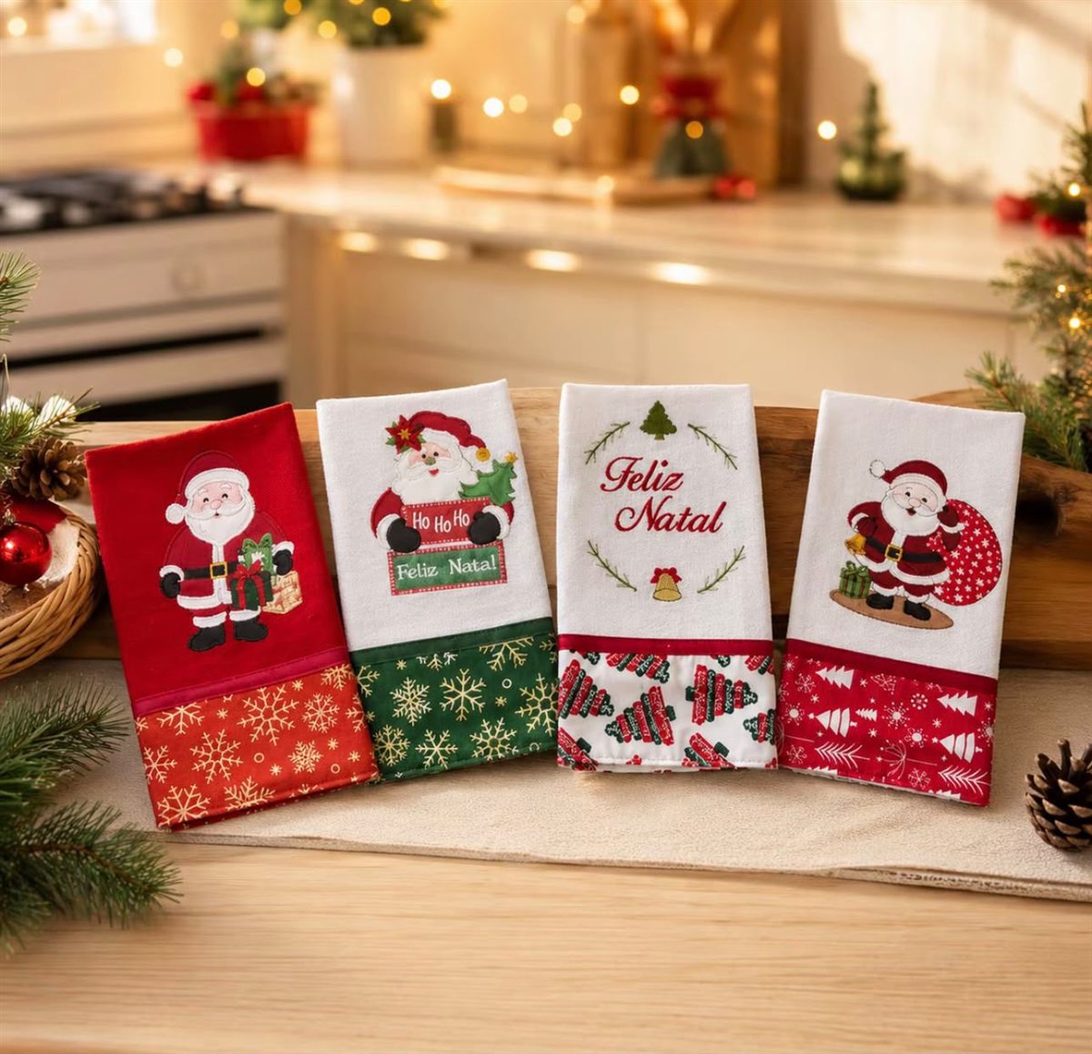 Panos natalinos bordados com Papai Noel e Feliz Natal