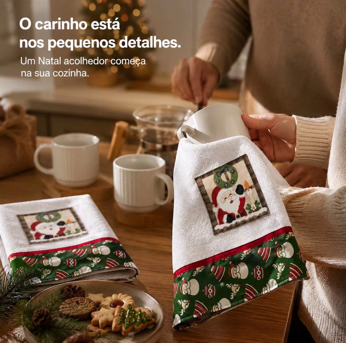 Pano natalino em uso na cozinha