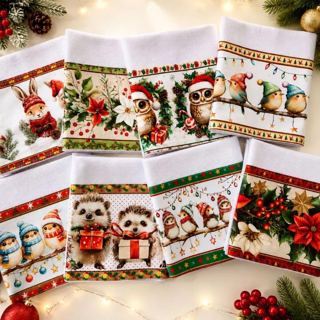 Panos natalinos com passarinhos, ouriços e flores de Natal