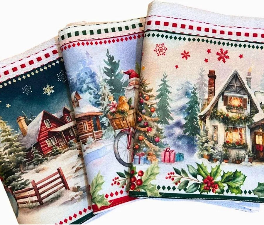 Panos com barrado de Papai Noel, renda e xadrez natalino